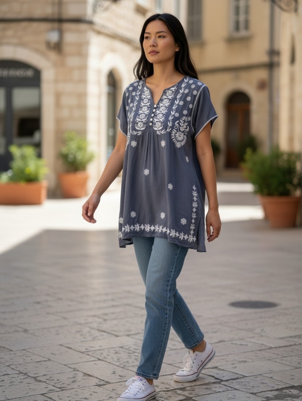 Embroidered Slate Gray Tunic with White Floral Detail